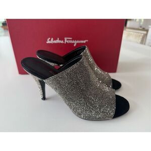 Salvatore Ferragamo Janine Suede Rhinestone Heeled Sandals Black Women's Size 7